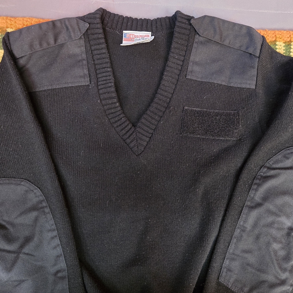 Black V-Neck Sweater with Shoulder Patches